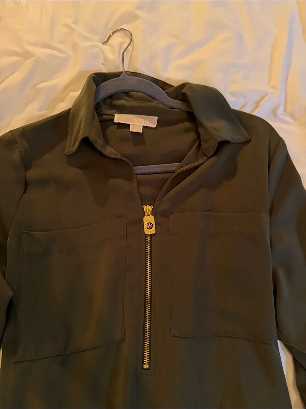 Michael Kors Olive Green Long Sleeve Shirt Dress with Front Zip